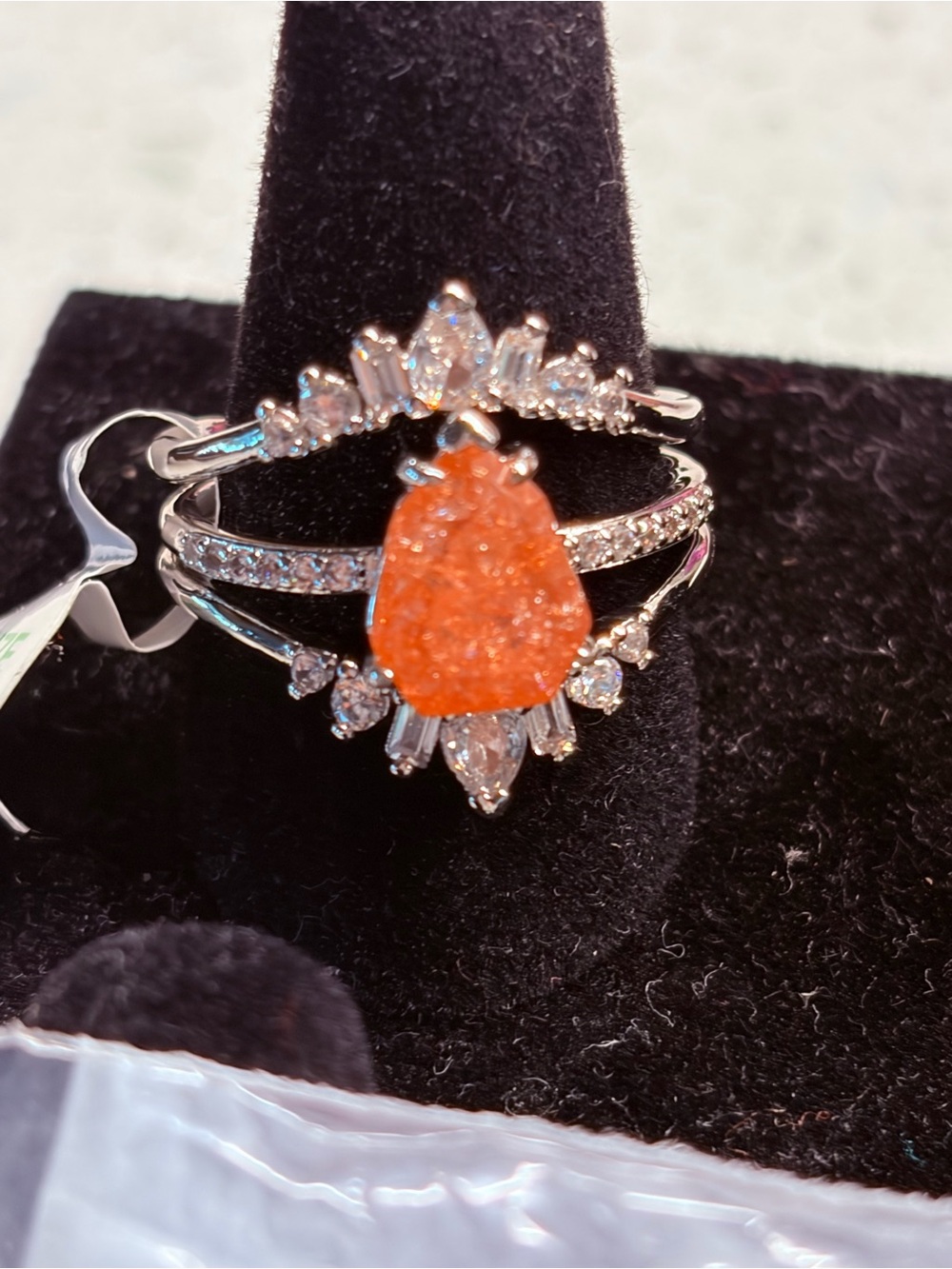 BP - “All Summer Long” Tangerine Ice Crystal on rhodium 3 ring set Size 8
